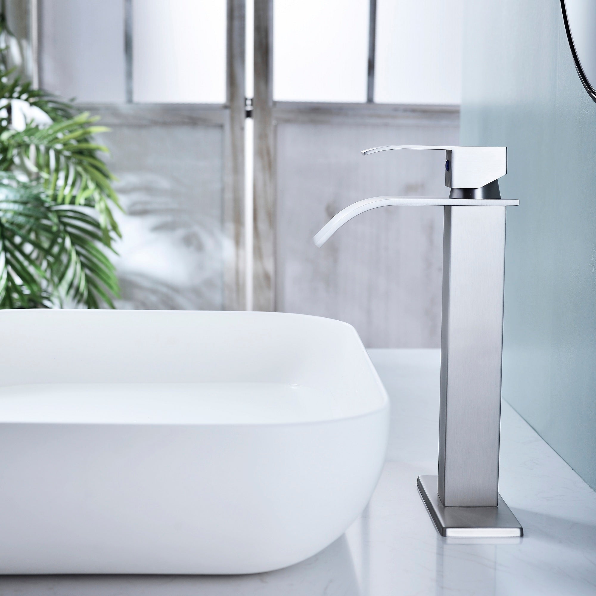 Waterfall Spout Bathroom Faucet, Single Handle Bathroom Vanity Sink Faucet - Brushed Nickel