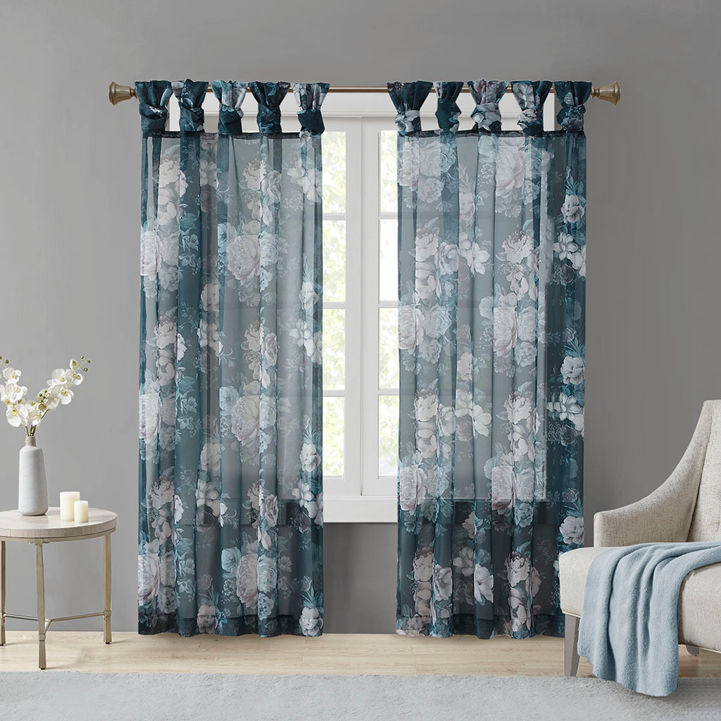 Printed Floral Twist Tab Top Voile Sheer Curtain - Navy