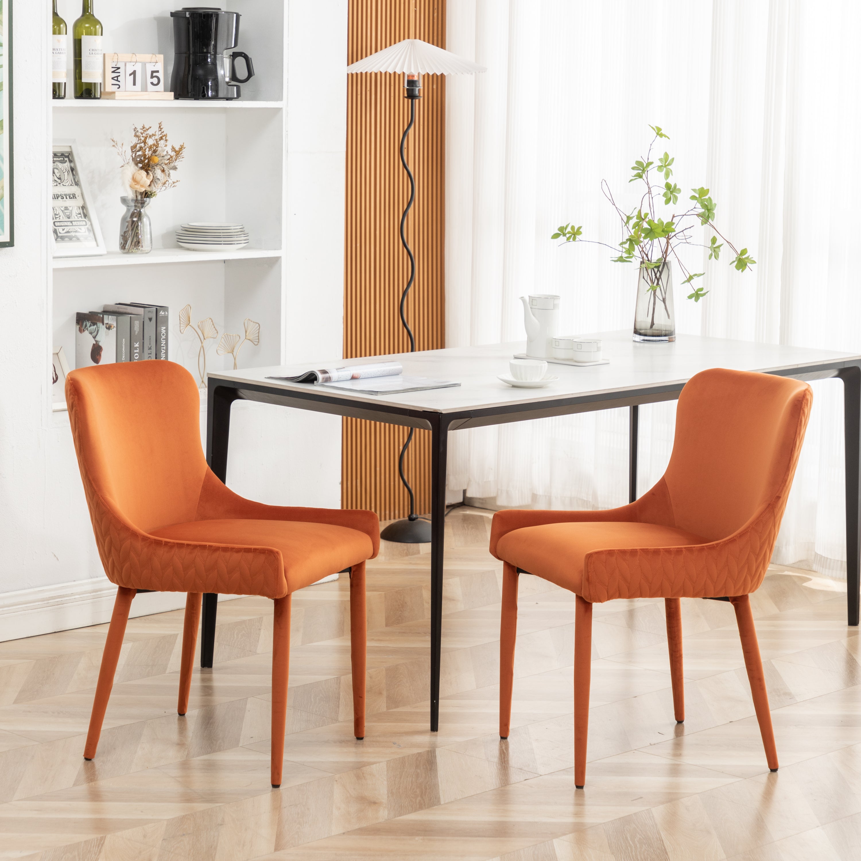 Velvet Dining Chair Flannel Wrapped Metal Leg Chair (Set of 2) - Orange