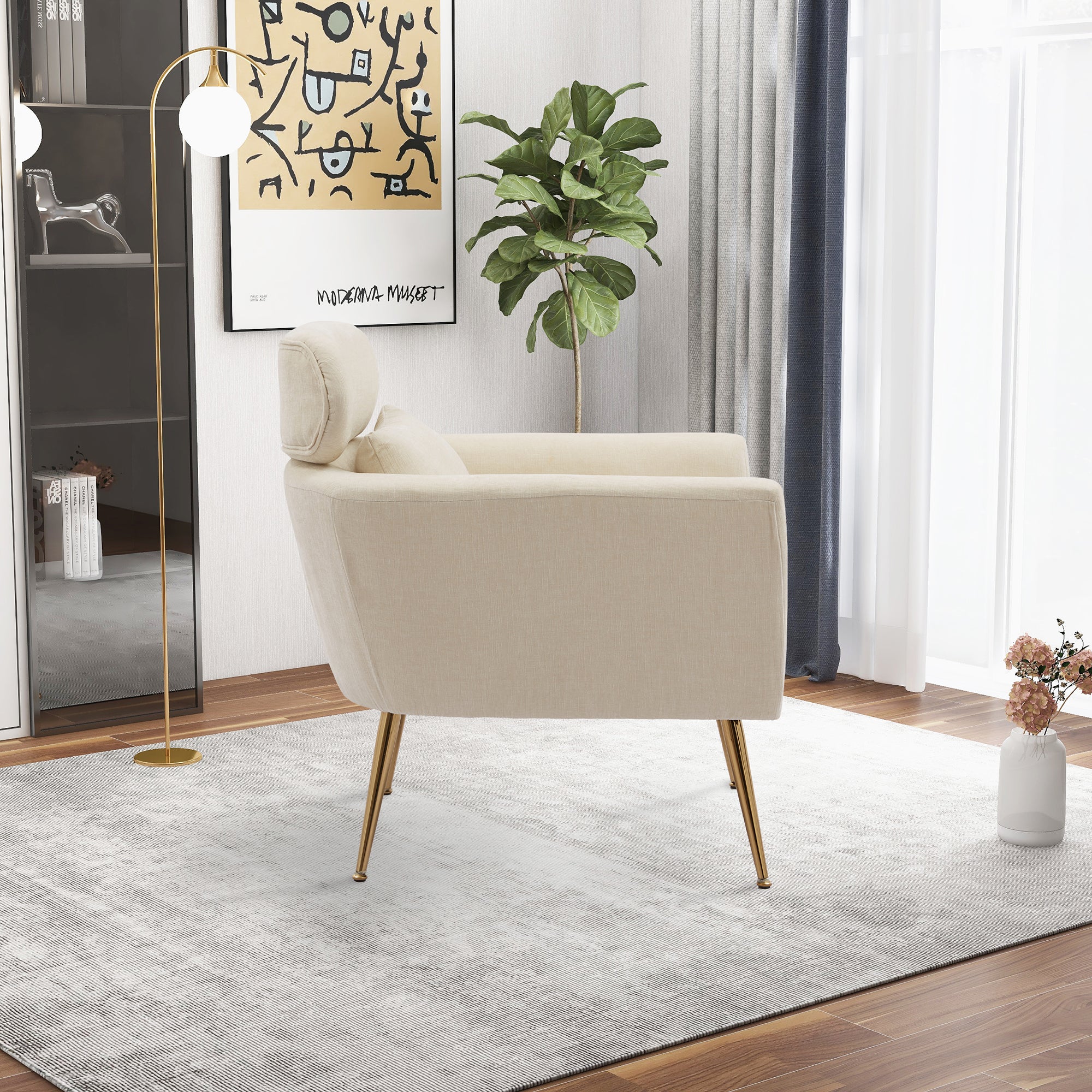 Chenille Upholstered Single Sofa Leisure Club Chair with Gold Metal Leg and Throw Pillow