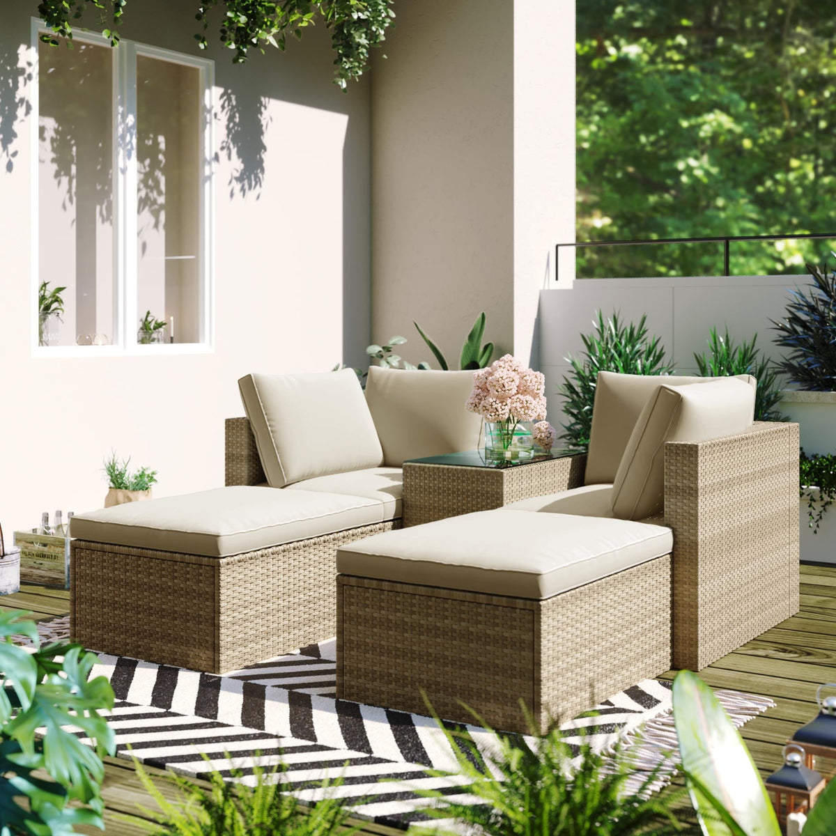 Outdoor Patio Furniture Set, 5-Piece Wicker Rattan Sectional Sofa Set - Brown and Beige