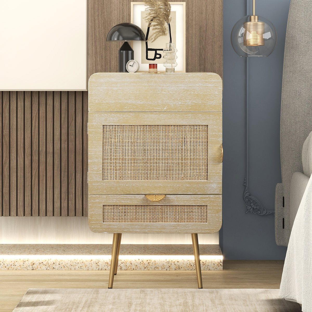 LAGO Natural Wooden Nightstand with Rattan Panel