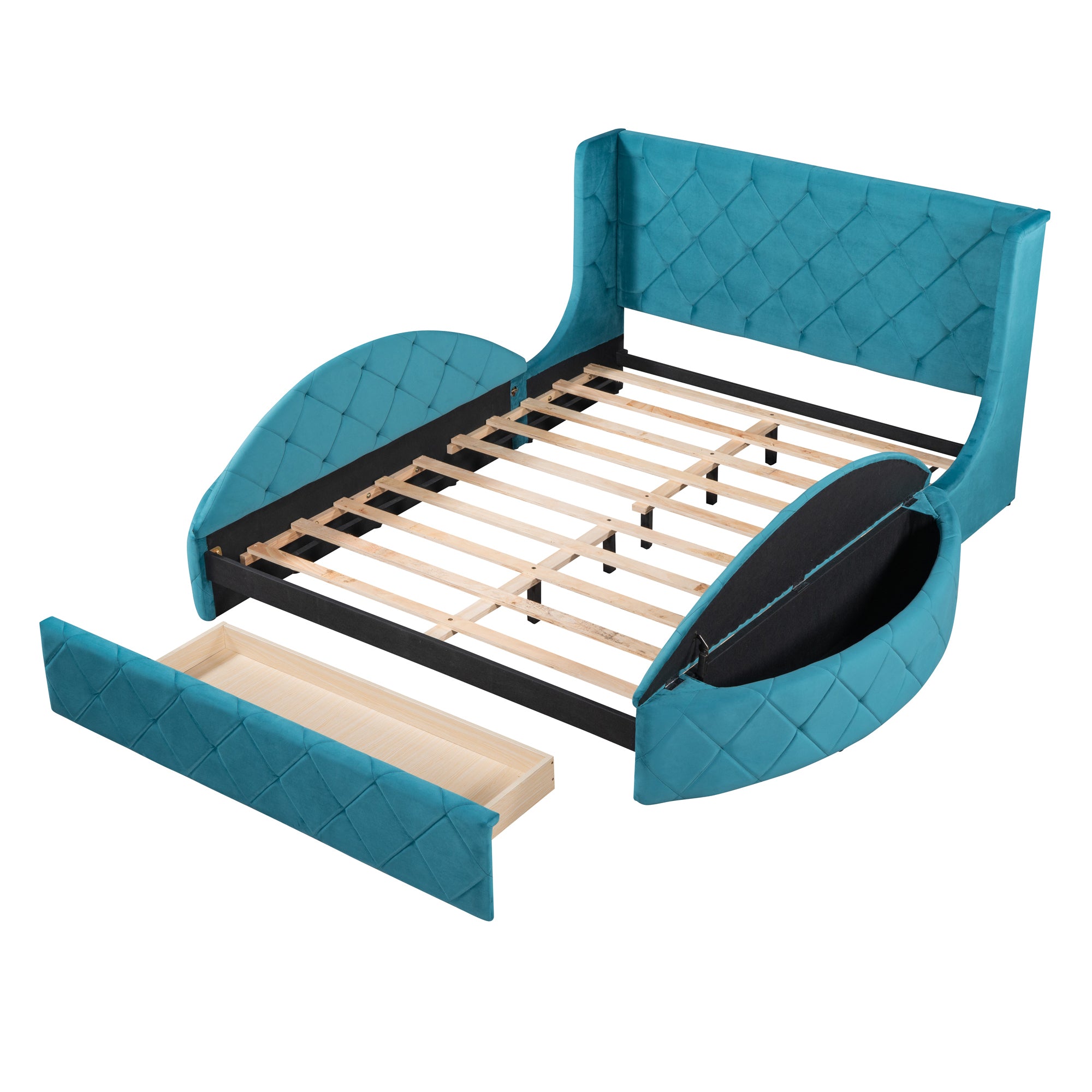 Queen Size Bed Storage with Wingback Headboard and 1 Big Drawer 2 Side Storage Stool - Velvet Blue