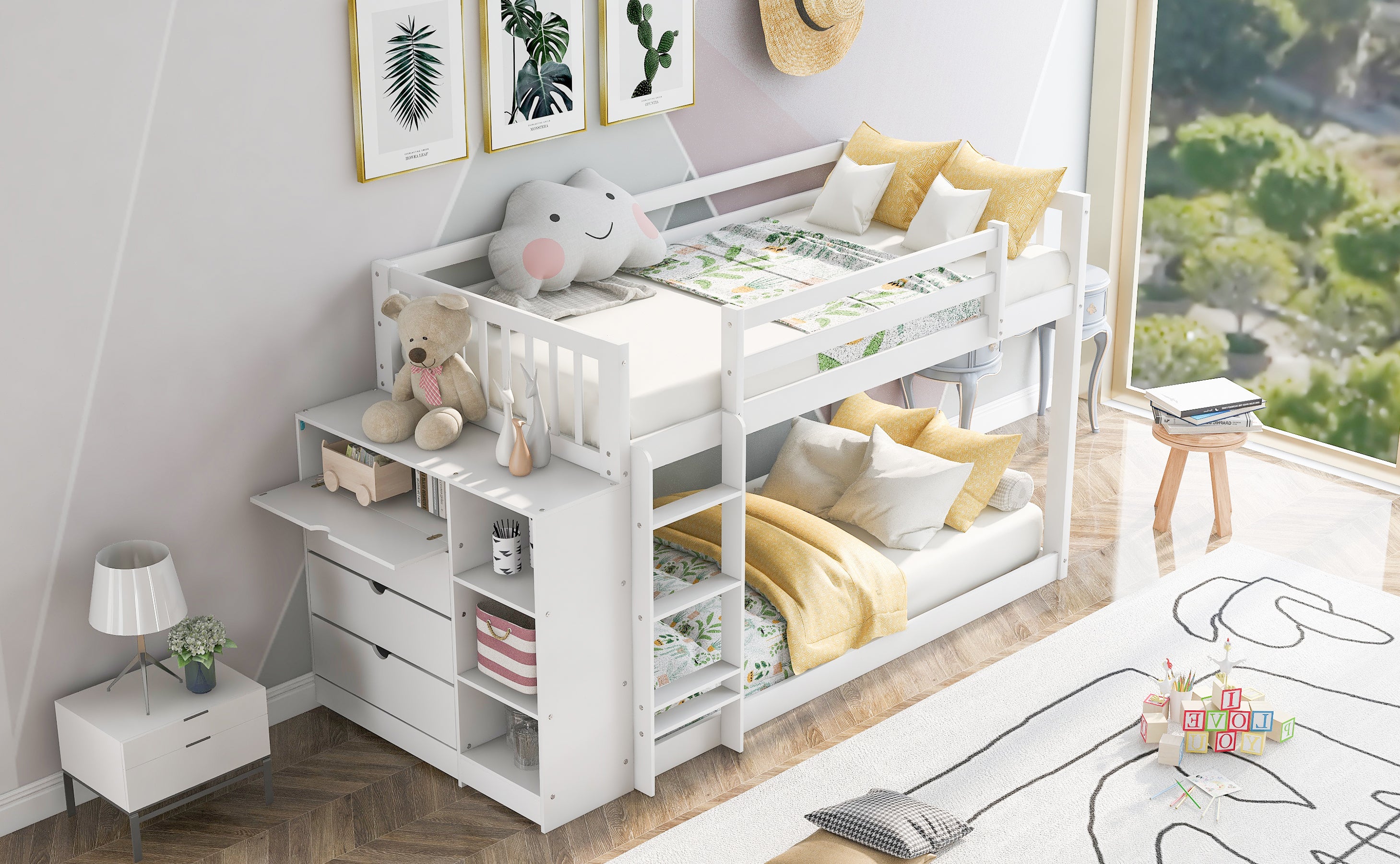Twin over Twin Bunk Bed with Cabinet and Shelves Storage - White