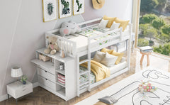 Twin over Twin Bunk Bed with Cabinet and Shelves Storage - White