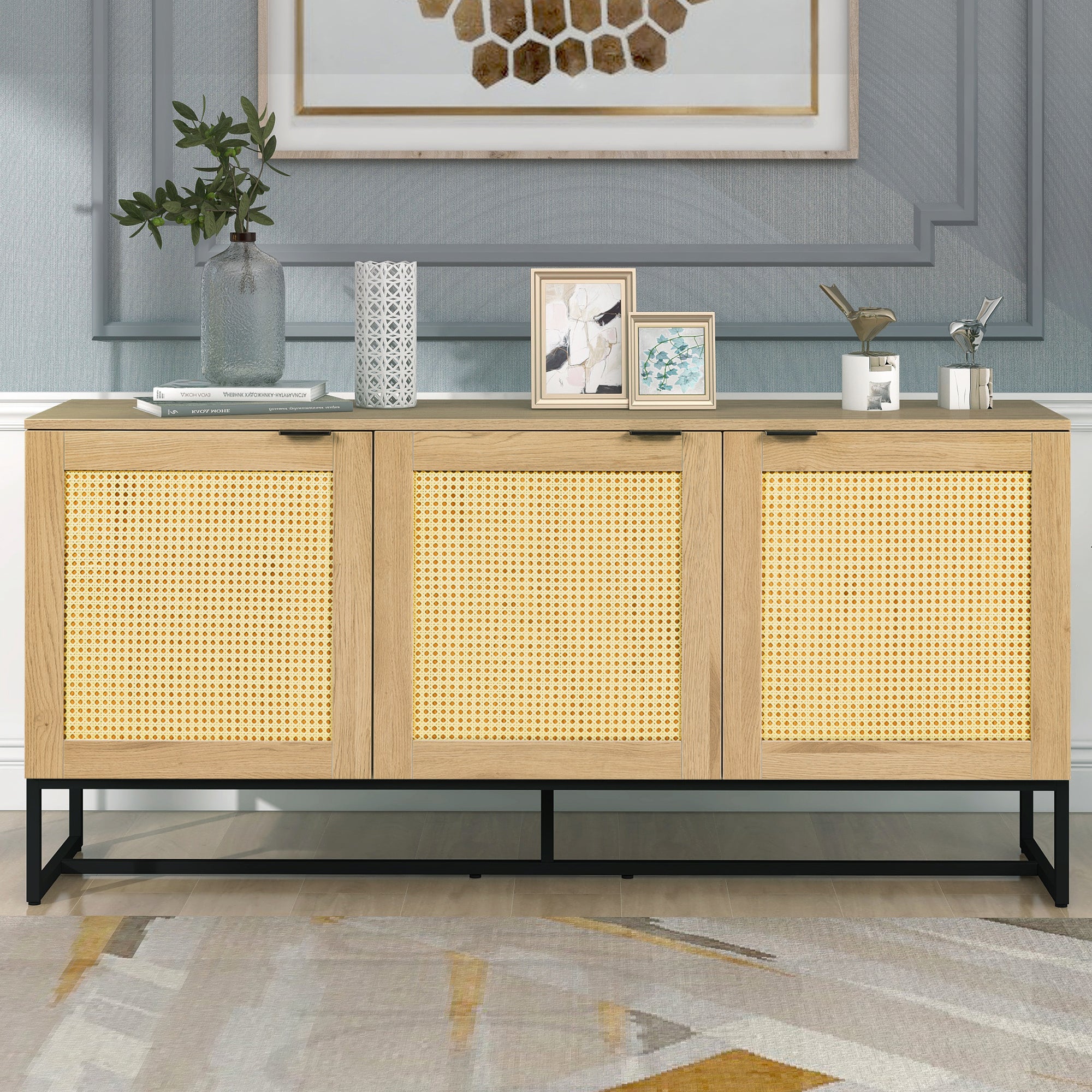 Wicker Sideboard Storage Cabinet 63 inch, with 3 doors - Natural color
