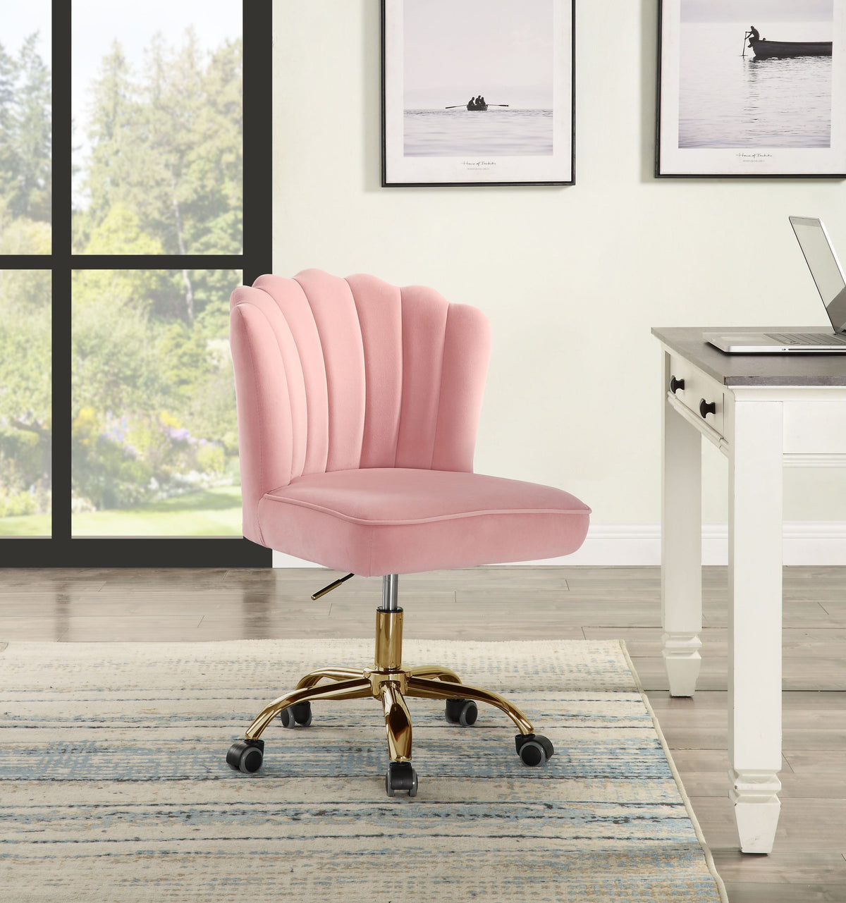 Modern Flower Style Office Chair - Rose Quartz Velvet & Gold Finish