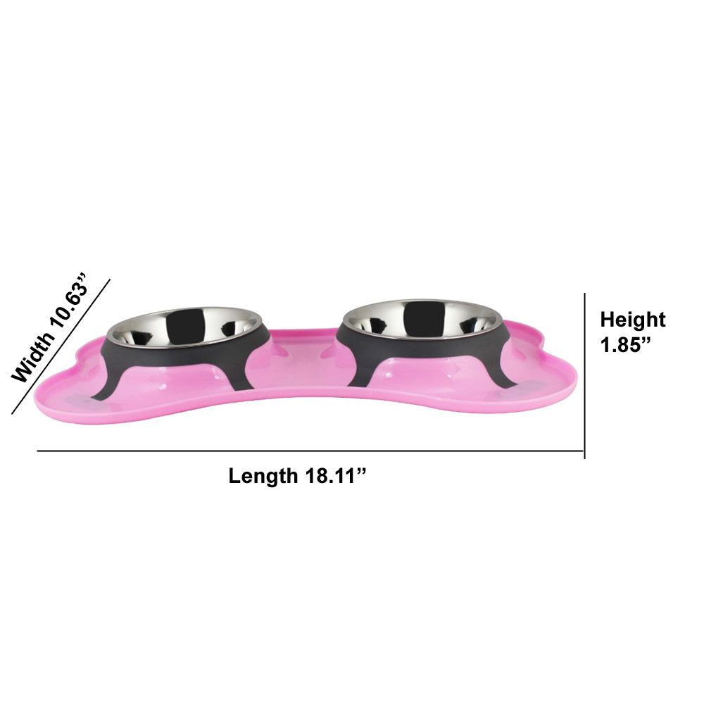 Bone Shaped Plastic Pet Double Diner with Stainless Steel Bowls - Pink and Silver