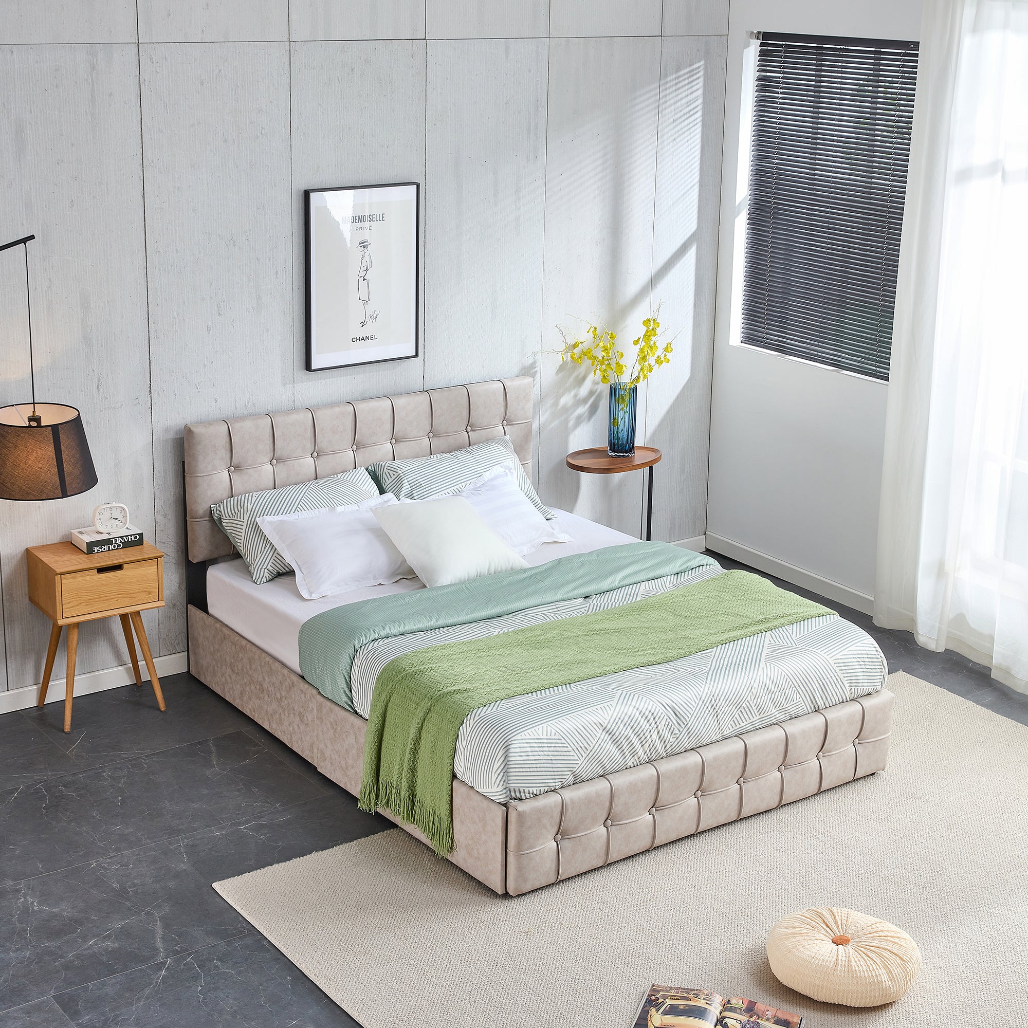 Queen Size Adjustable Headboard Height Storage Bed with 4 Drawers - Brow
