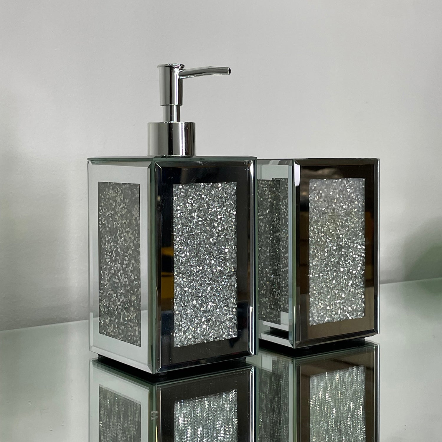 Ambrose Exquisite 2 Piece Square Soap Dispenser and Toothbrush Holder - Silver