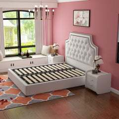 Twin Bed Frame with Button Tufted Headboard, Faux Leather Upholstered Mattress Wooden Slat Support