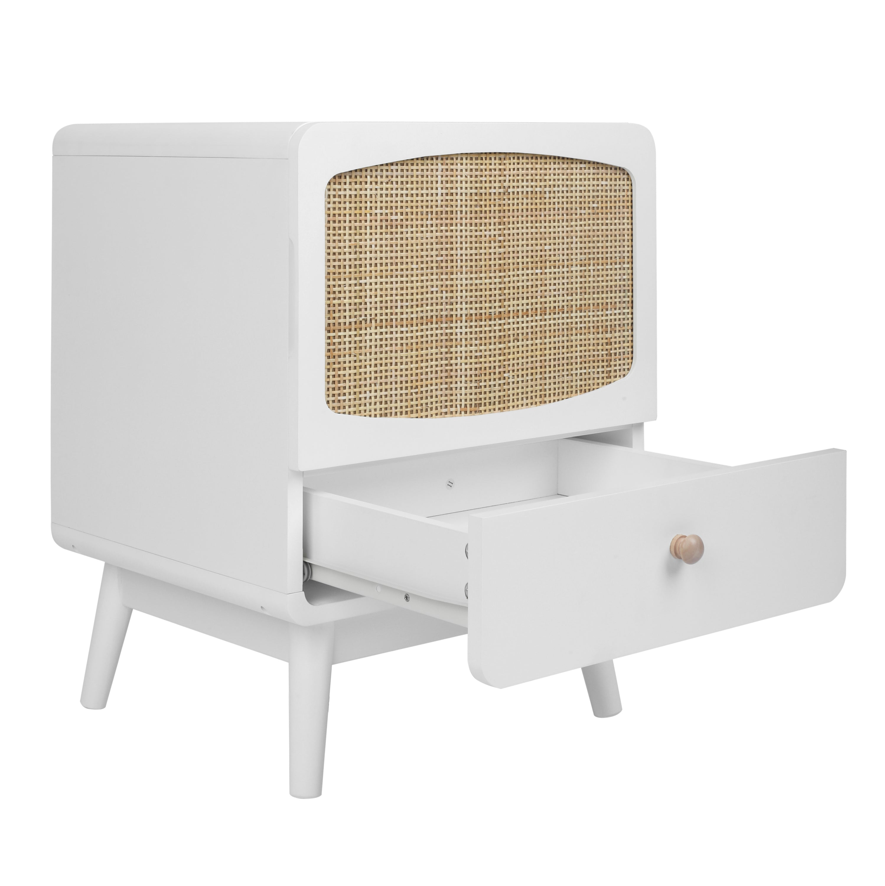White Nightstand,  Bedside Table with Storage Drawe/ Rattan Door