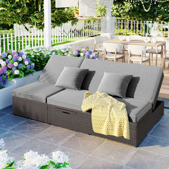Outdoor Double Sun bed, Wicker Rattan Patio Reclining Chairs with Adjustable Backrest and Seat, Conversational Set for 2 Person - Gray