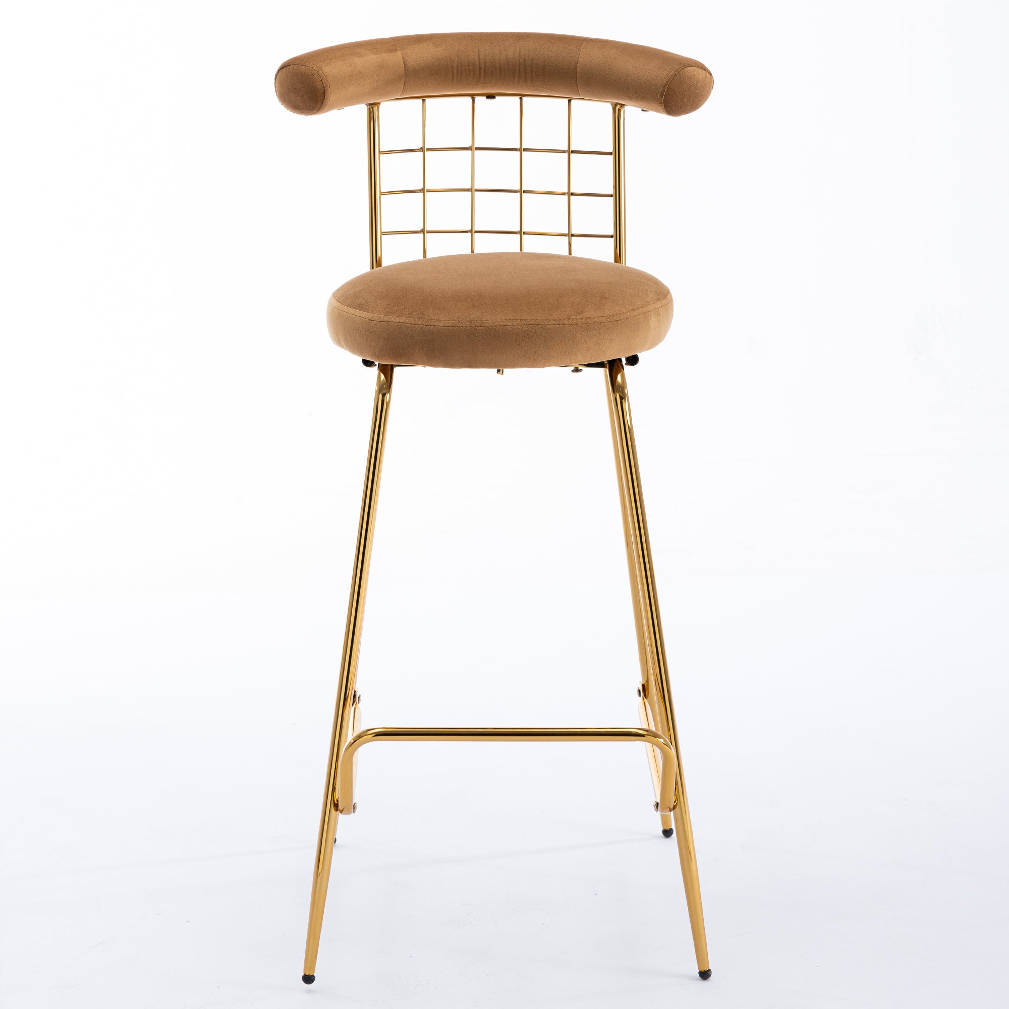 Luxury Velvet  High Bar Stool with Metal Legs and Soft Back - Camel