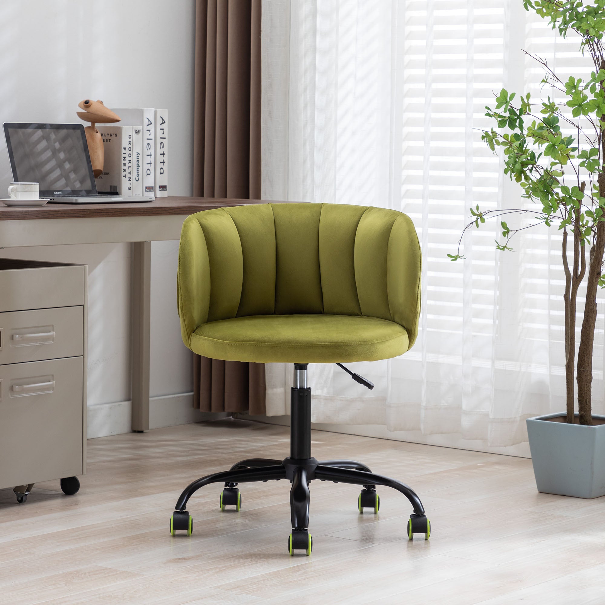 Zen Zone Velvet Leisure Office Chair, can rotate 360 degrees, with pulley - Olive Green