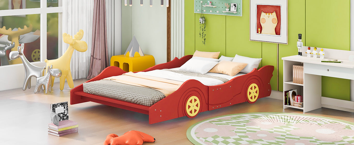 Full Size Race Car-Shaped Platform Bed with Wheels - Red
