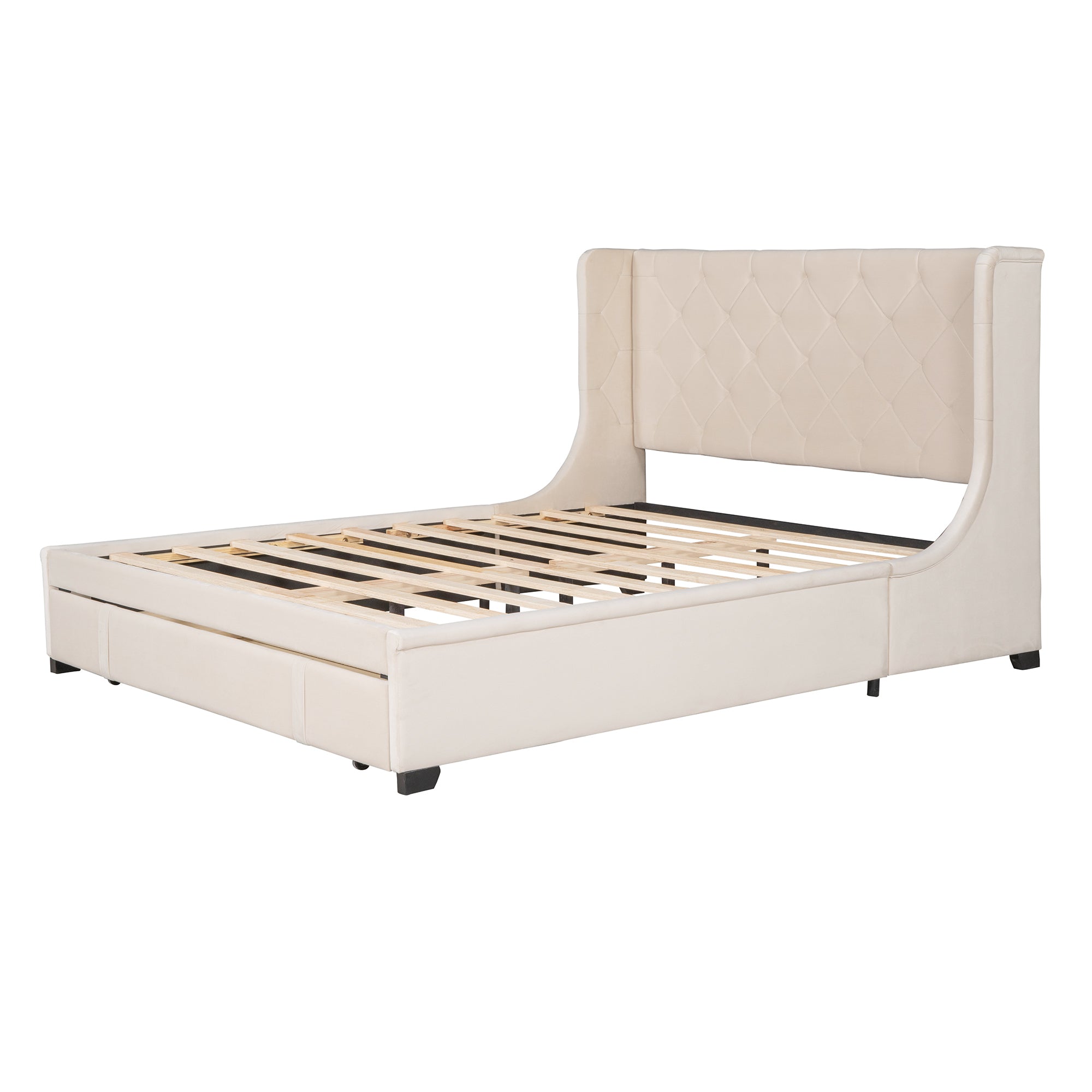 Queen Size Storage Bed Velvet Upholstered Platform Bed - Beige