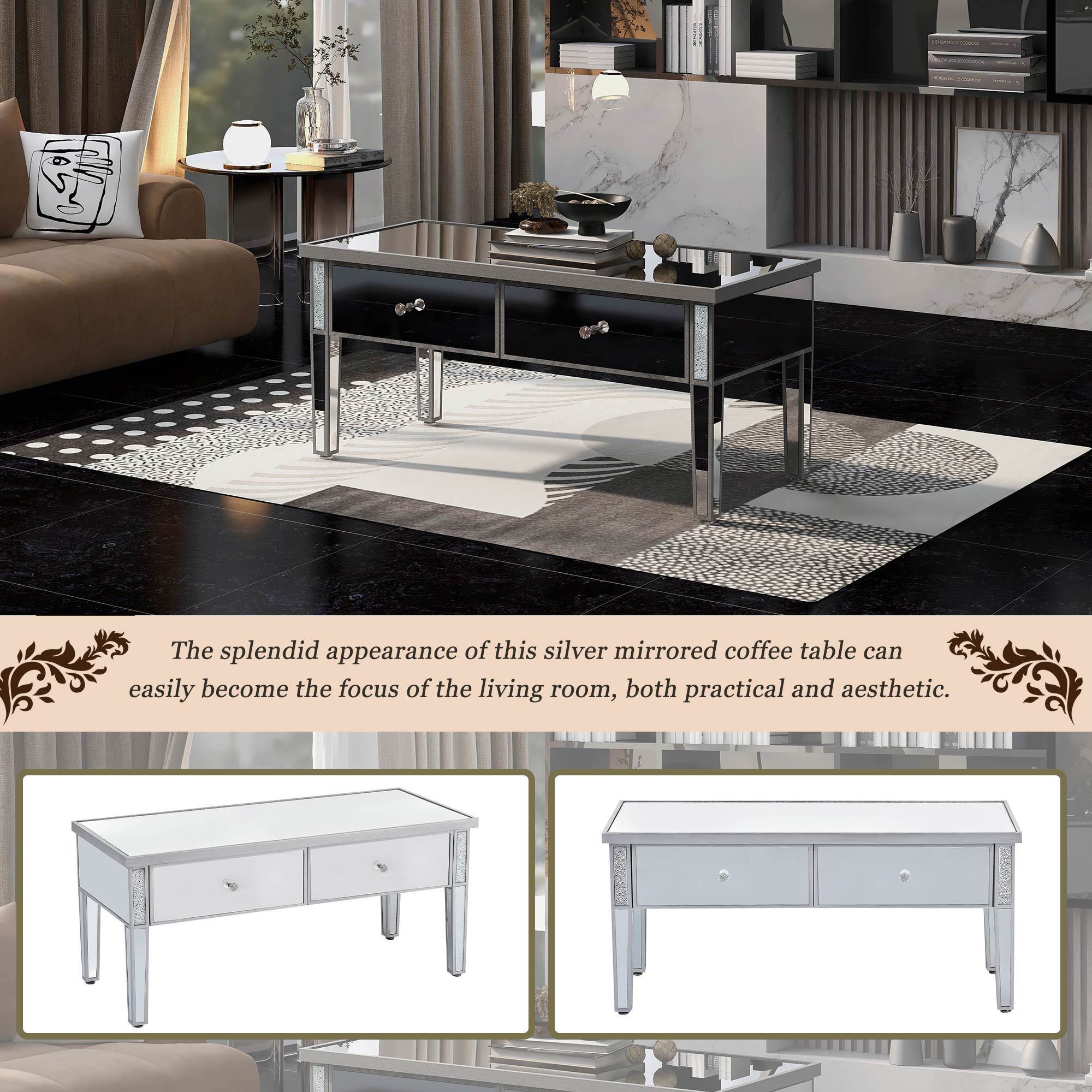 Modern Glass Mirrored Coffee Table with 2 Drawers, Cocktail Table with Crystal Handles and Adjustable Height Legs - Silver