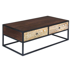 45 Inch Carson Rectangular Mango Wood Coffee Table with Metal Frame and 2 Drawers - Brown and Black