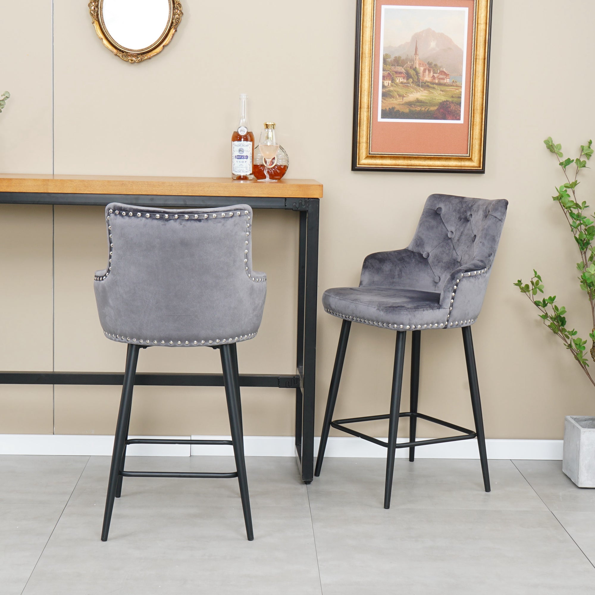 Modern Bar Chair with Armrests and Footrests (Set of 2) - Dark Grey