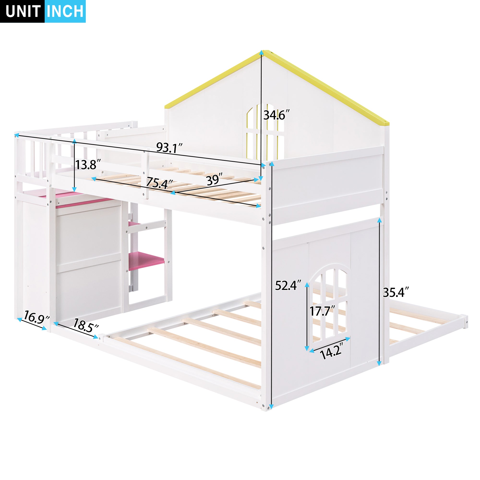 Twin over Full House Bunk Bed with Pink Staircase & Drawer - White