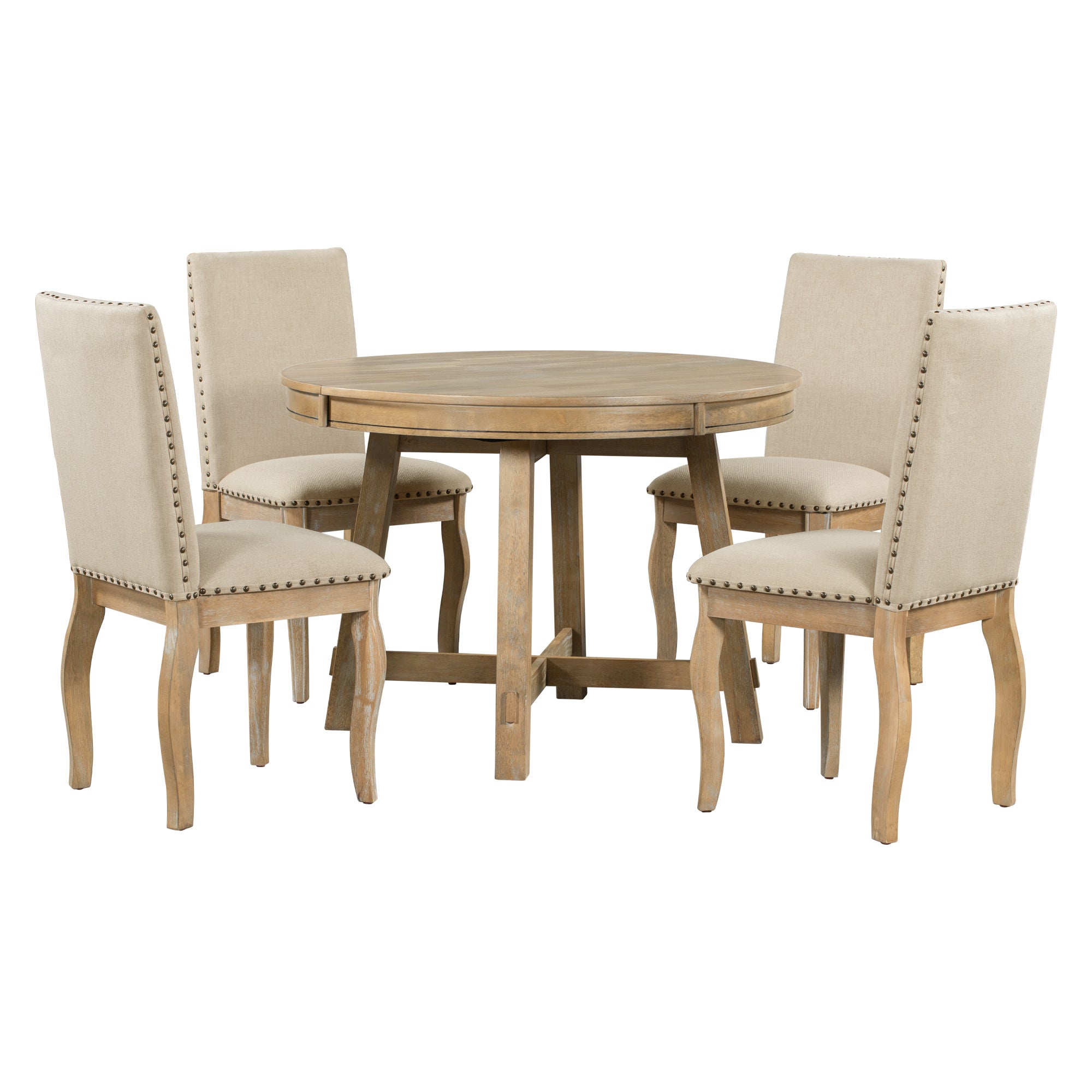 5-Piece Farmhouse Dining Table Set Wood Round Extendable Table and 4 Upholstered Chairs - Natural Wood Wash