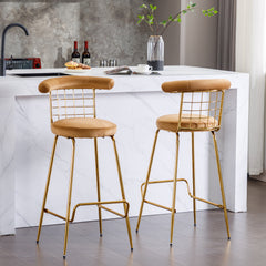 Luxury Velvet  High Bar Stool with Metal Legs and Soft Back - Camel