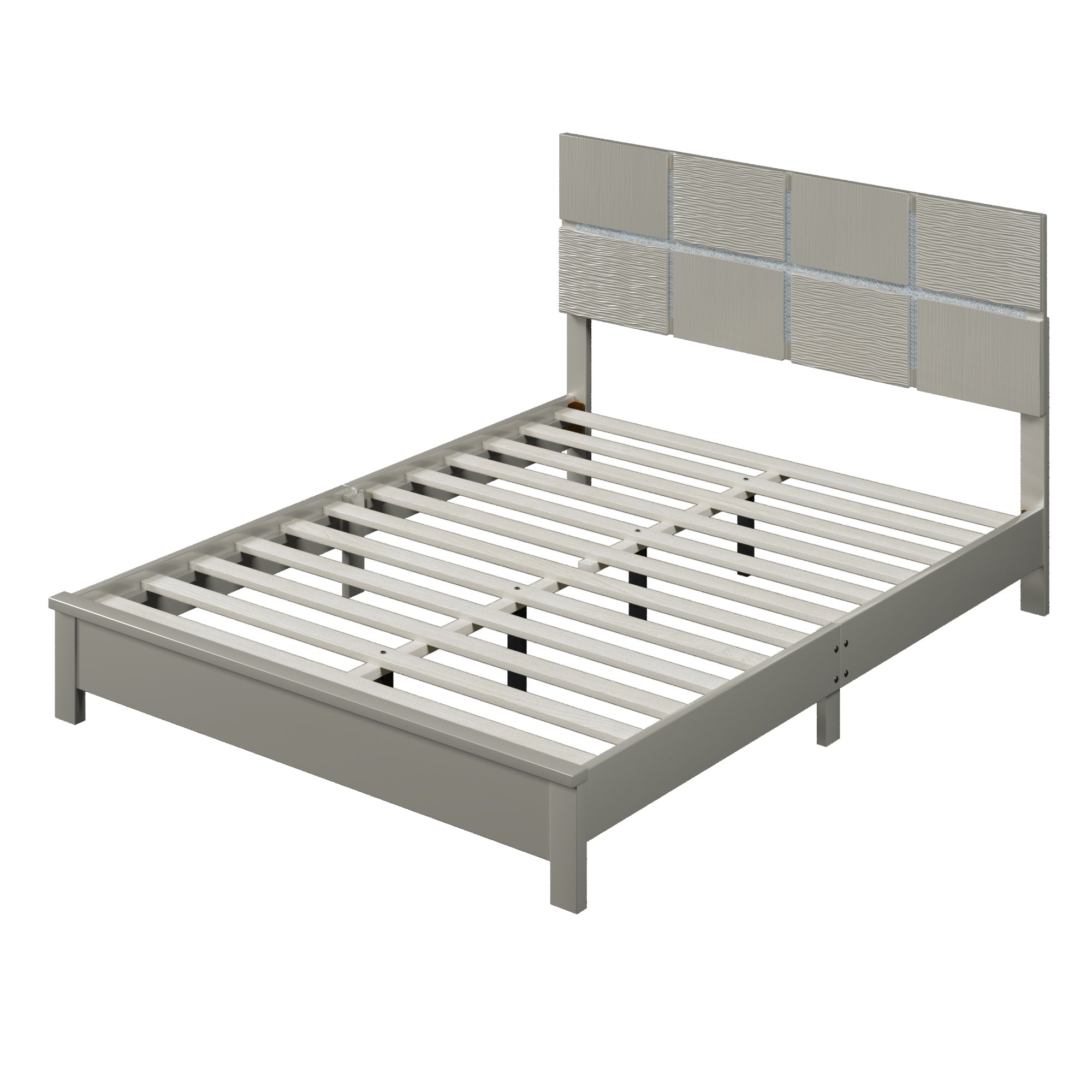 Queen Size Champagne Silver Platform Bed Solid Rubber Wood Frame and Legs - Champagne