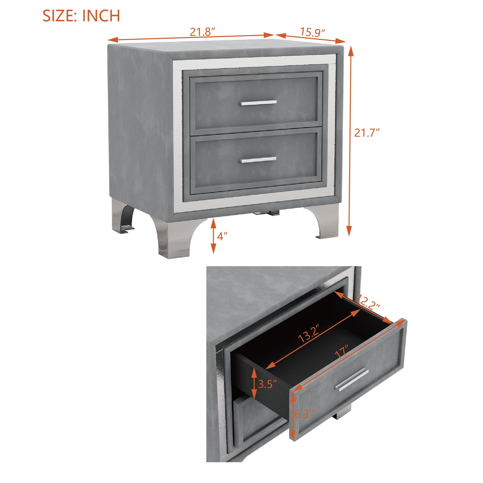 2-Drawer Nightstand with Metal Legs for Bedroom Velvet Bedside Table-Gray