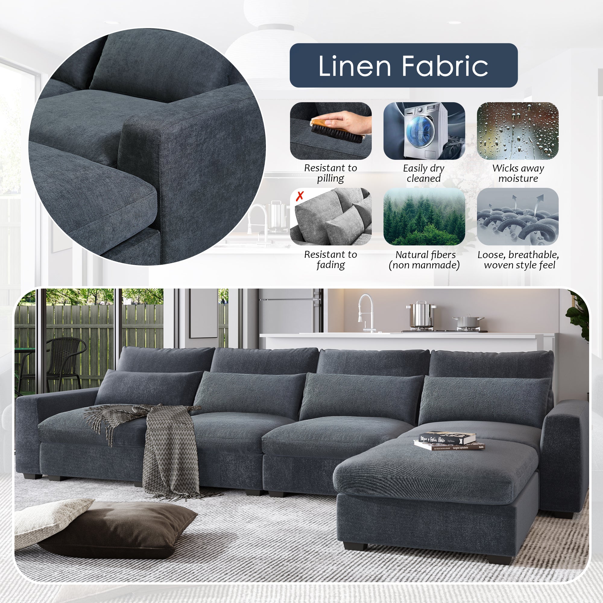 U_Style Modern Large L-Shape Feather Filled Sectional Sofa,  Convertible Sofa Couch with Reversible Chaise - Dark Gray