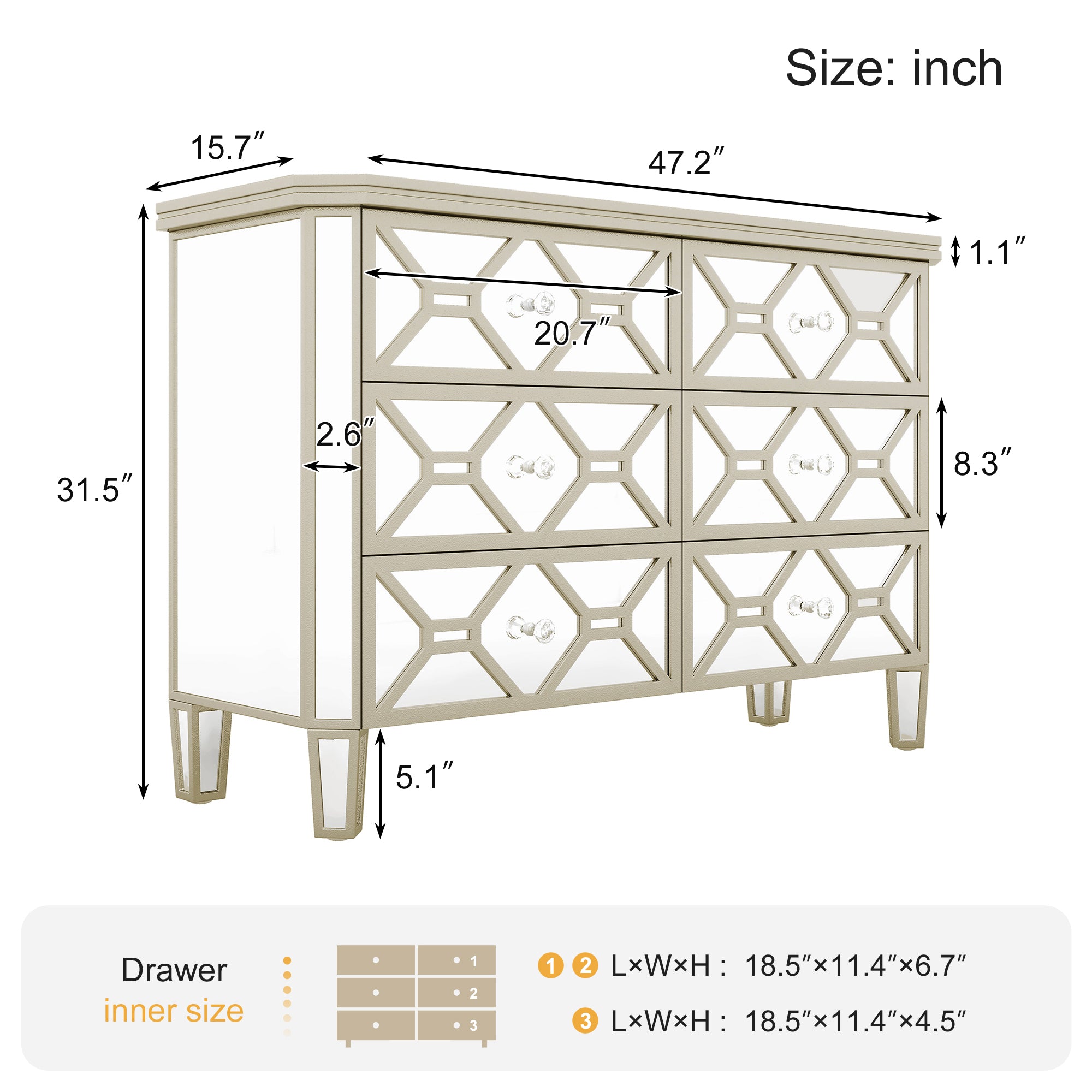 Elegant Mirrored 6-Drawer Dresser with Golden Lines Storage Cabinet