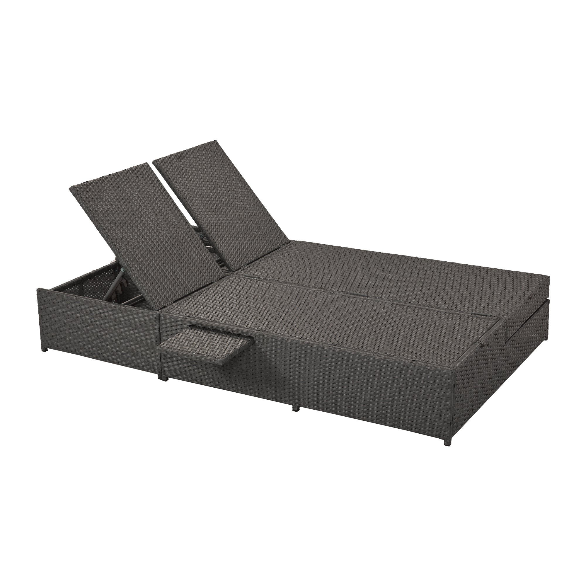 Outdoor Double Sun bed, Wicker Rattan Patio Reclining Chairs with Adjustable Backrest and Seat, Conversational Set for 2 Person - Gray