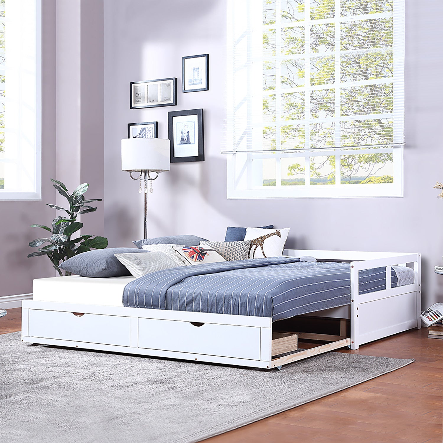 Extendable  Daybed with Trundle Bed and Two Storage Drawers - White