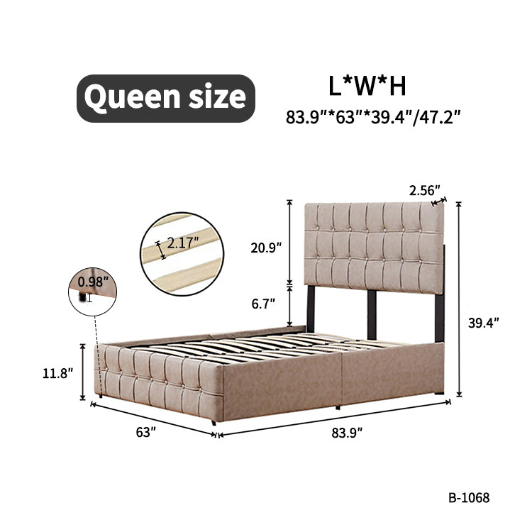 Queen Size Adjustable Headboard Height Storage Bed with 4 Drawers - Brow