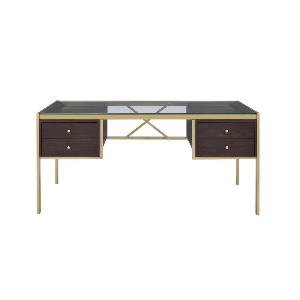 Clear Glass with Metal Frame Desk - Gold & Brown finish