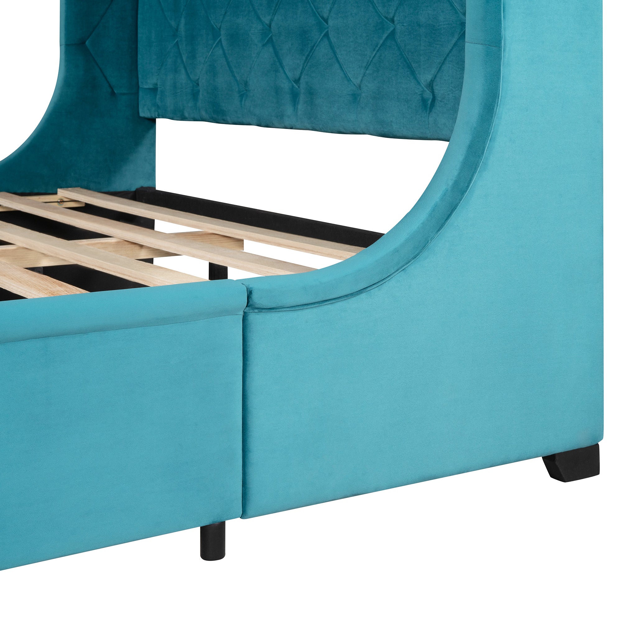 Queen Size Storage Bed Velvet Upholstered Platform Bed with Wingback Headboard and a Big Drawer - Blue