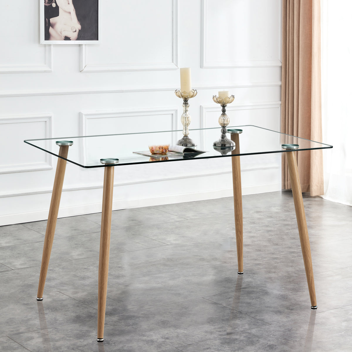 Modern Minimalist Rectangular Glass Dining Table for 4-6 with 0.31" Tempered Glass Tabletop and Wood color Coating Metal Legs - Transparent