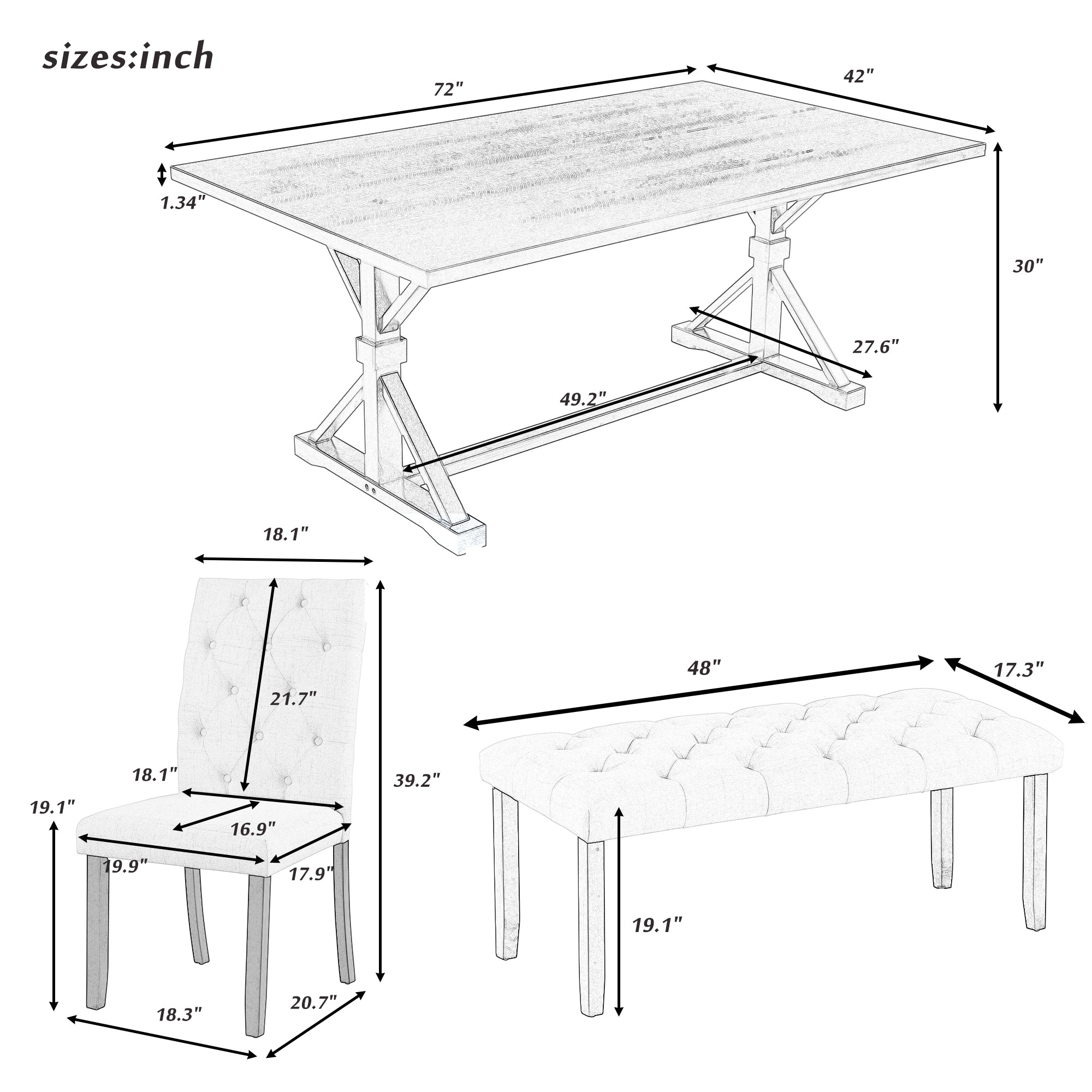 6-Piece Farmhouse Dining Table Set 72" Wood Rectangular Table, 4 Upholstered Chairs with Bench - Walnut