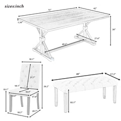 6-Piece Farmhouse Dining Table Set 72" Wood Rectangular Table, 4 Upholstered Chairs with Bench - Walnut