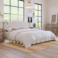 Upholstered Platform King Bed with Saddle Curved Headboard and Diamond Tufted Details - Beige