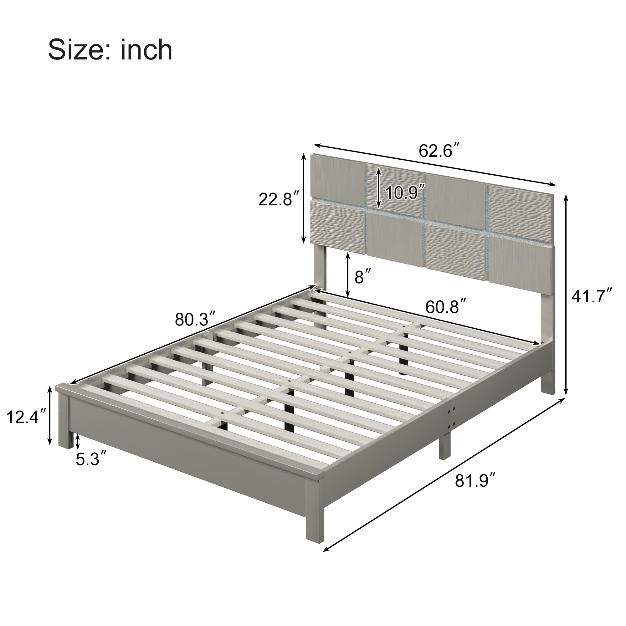 Queen Size Champagne Silver Platform Bed Solid Rubber Wood Frame and Legs - Champagne