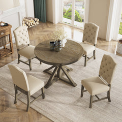Retro Style Dining Table Set with Extendable Table and 4 Upholstered Chairs- Natural Wood Wash