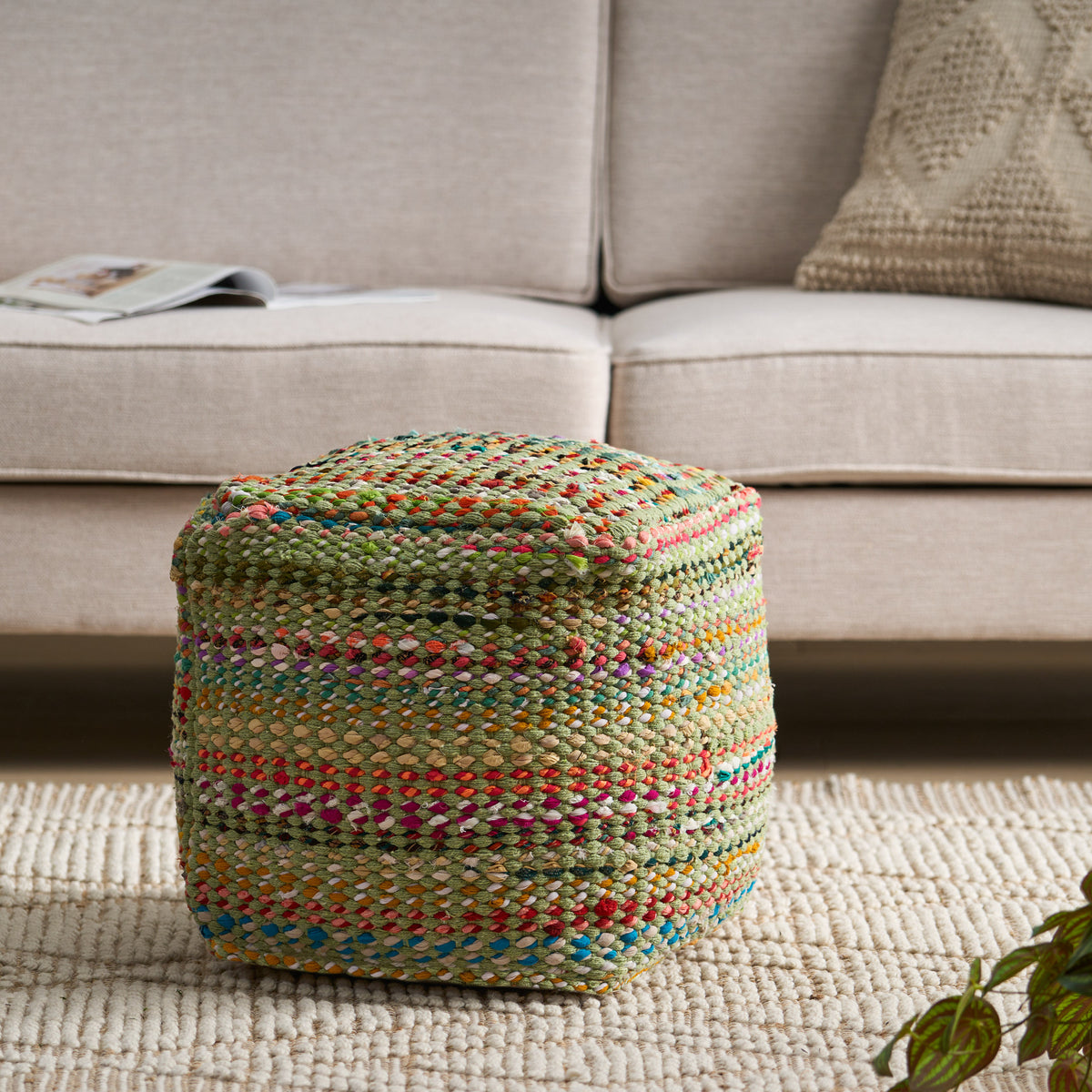 Handcrafted Boho Fabric Pouf - Sage and Multi-Color