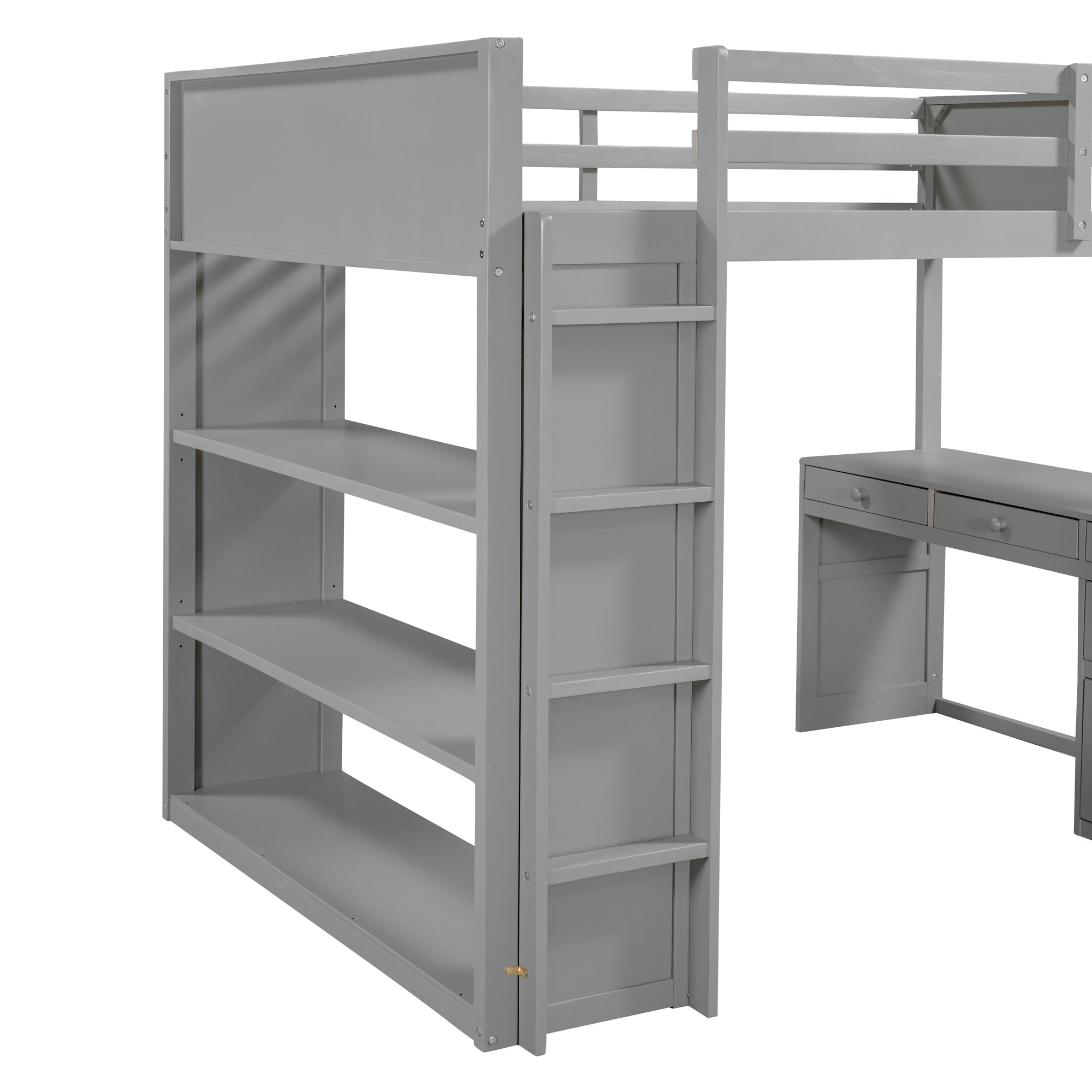 Full Size Loft Bed with Ladder, Shelves and Desk - Gray