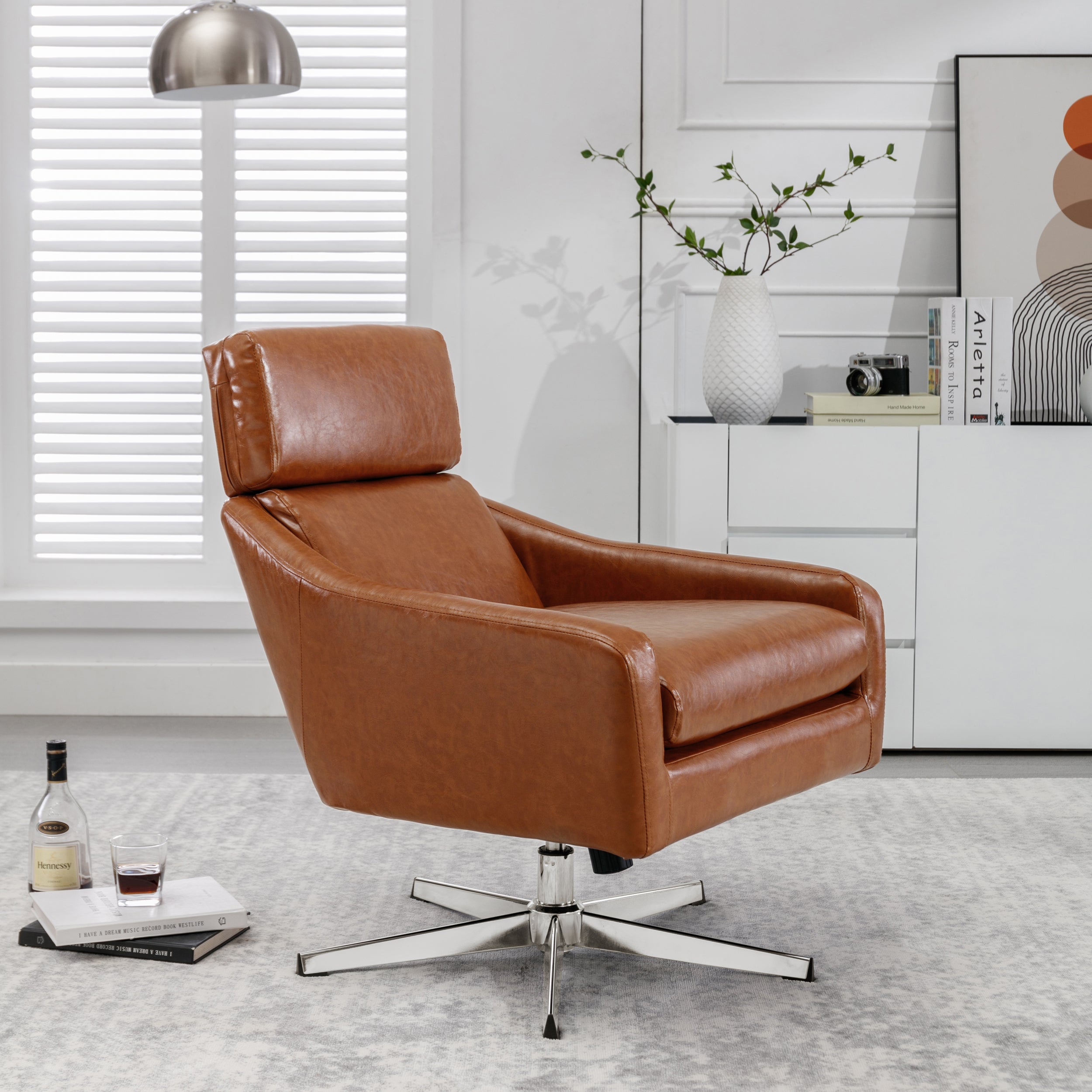 PU Leather Swivel Armchair with Ottoman - Brown