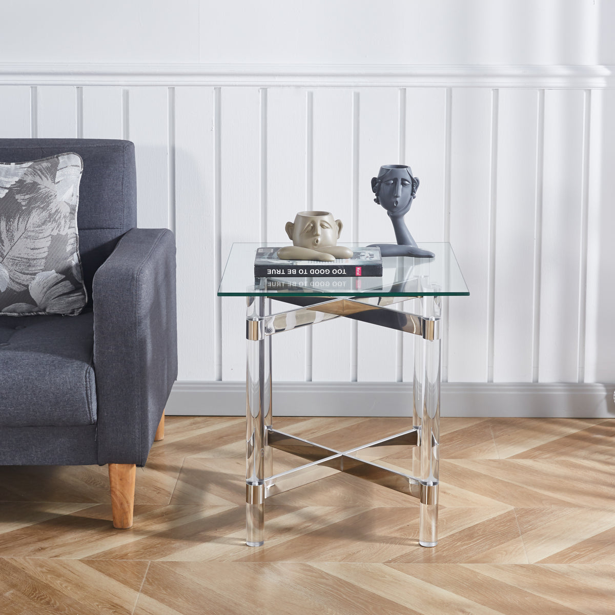 Silver Stainless Steel With Acrylic Frame Clear Glass Top End Table