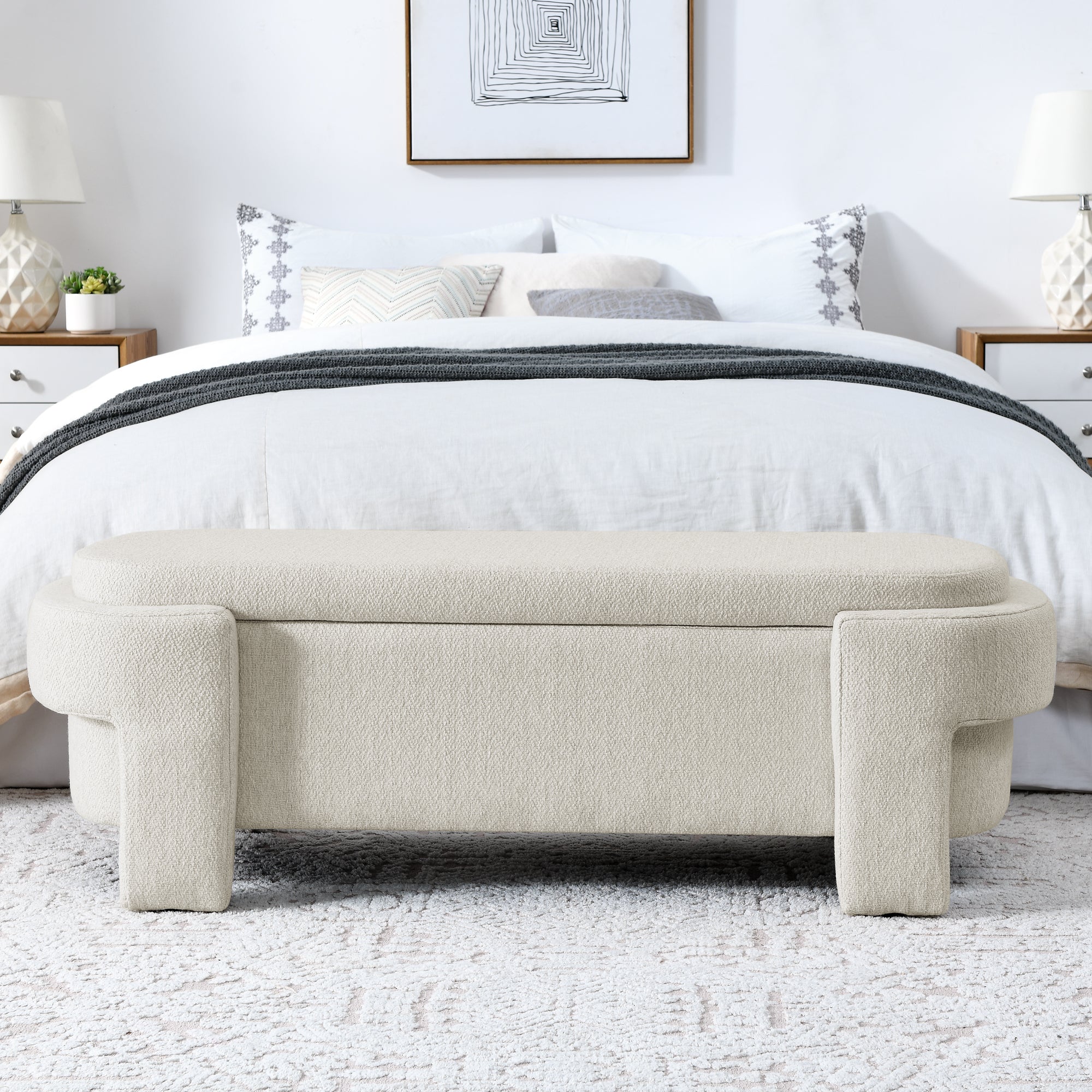 Linen Fabric Upholstered Bench with Large Storage Space - Beige