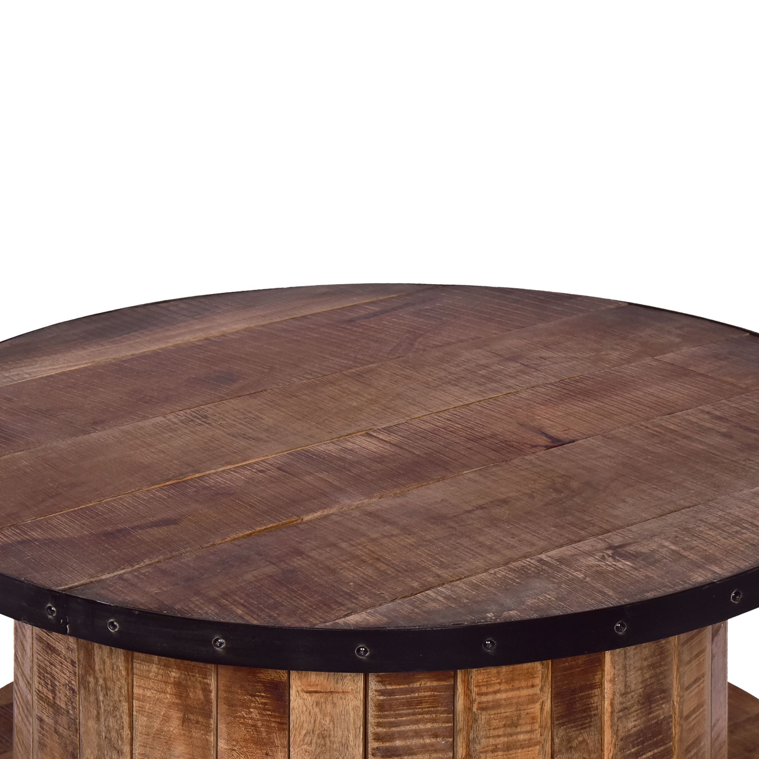 Mango Wood Farmhouse Coffee Table with Rustic Plank Style Round Top and Base - Walnut and Natural Brown