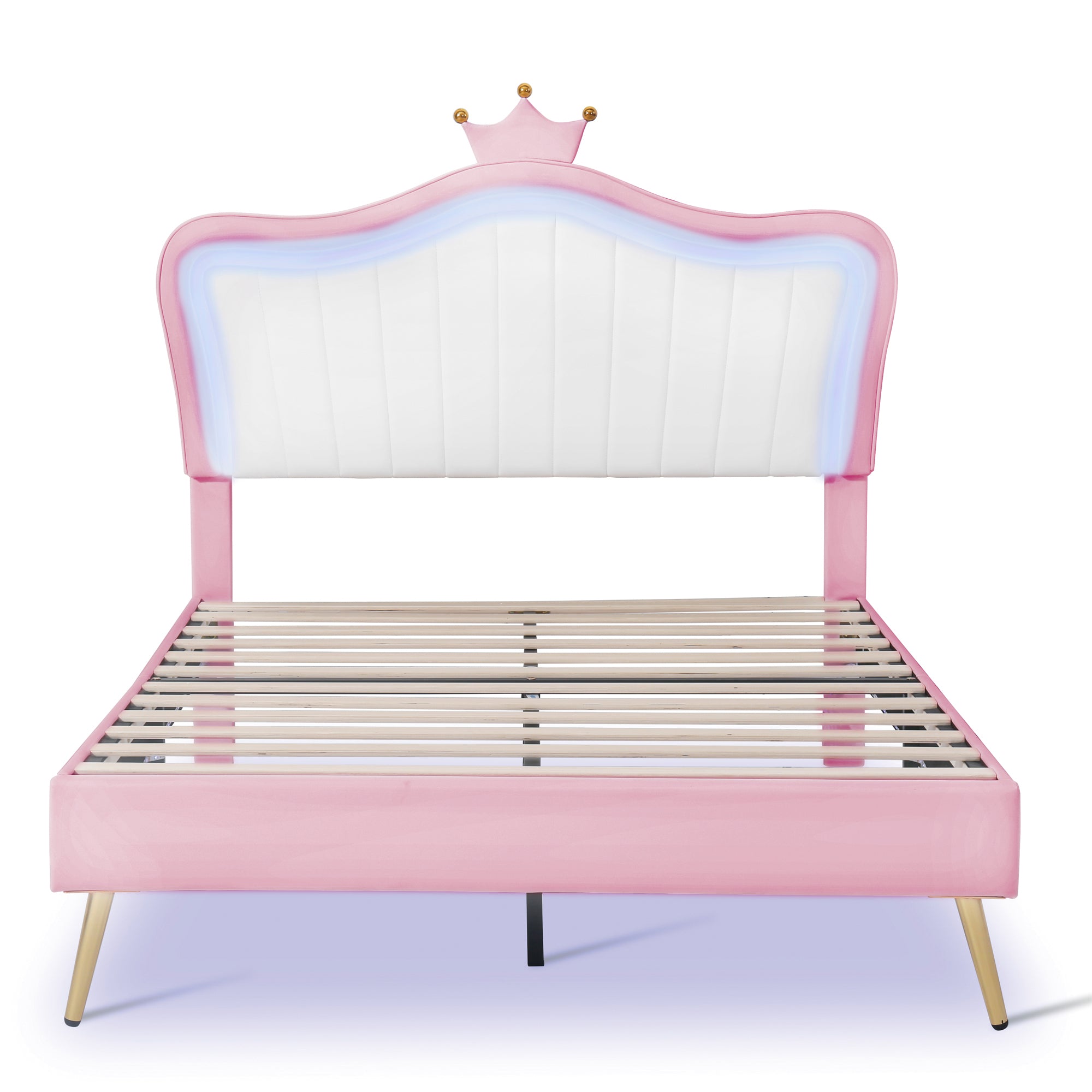 Full Size Princess Bed With Crown Headboard with LED Lights - White+Pink