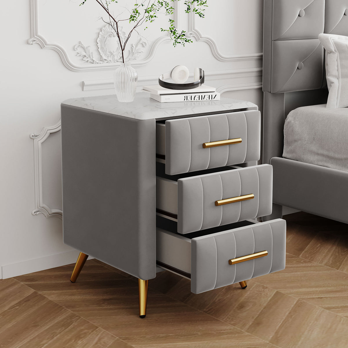 Upholstered Wooden Nightstand with 3 Drawers, Table with Marbling Worktop - Gray